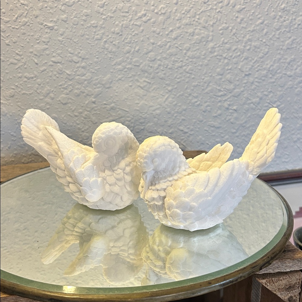 White Alabaster Artisan Made Dove Figurines Art Nouveau Style